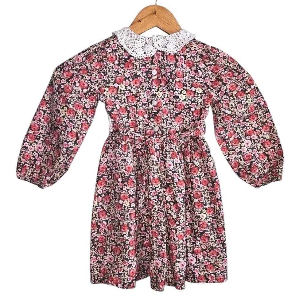 Bonnie Jean Ditzy Floral Smocked Lace Collar Long Sleeve Dress Size 5‎
